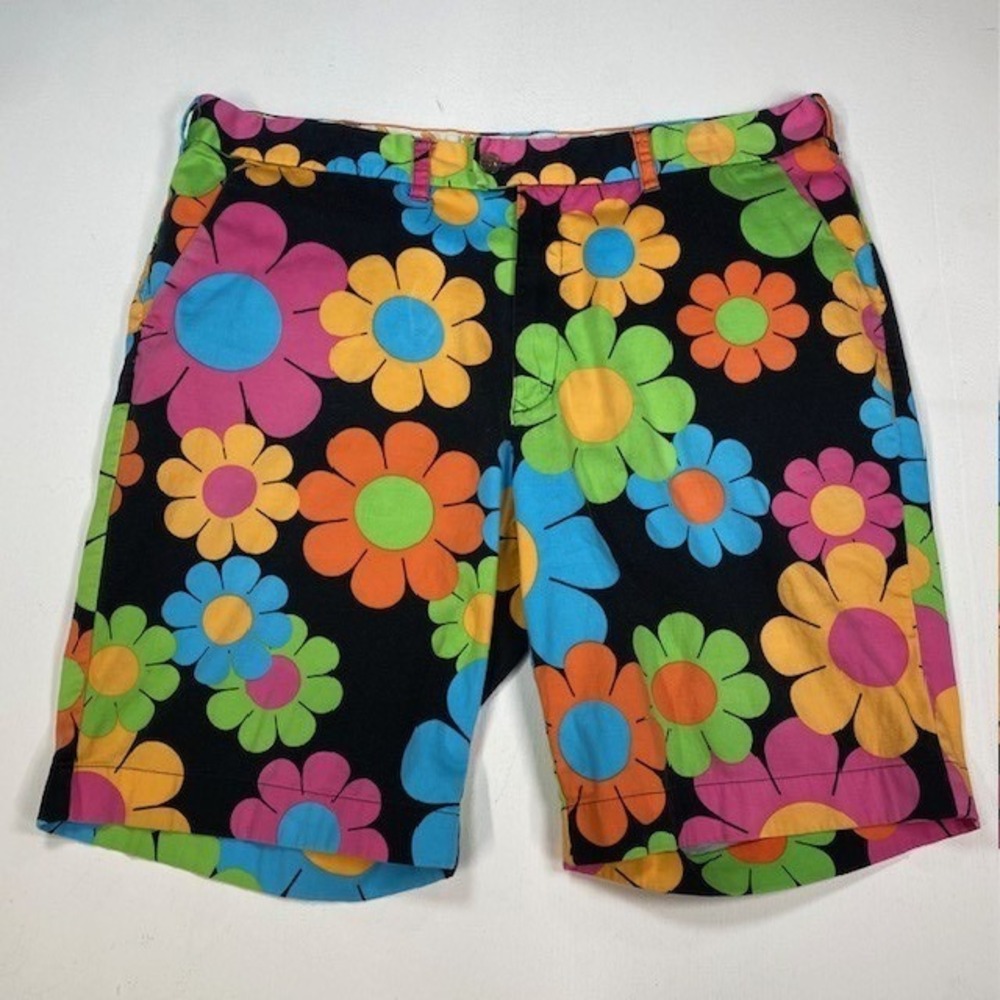 Loudmouth Golf Mens 42 Floral Power Shorts Black Multicolor Retro Groovy Stretch